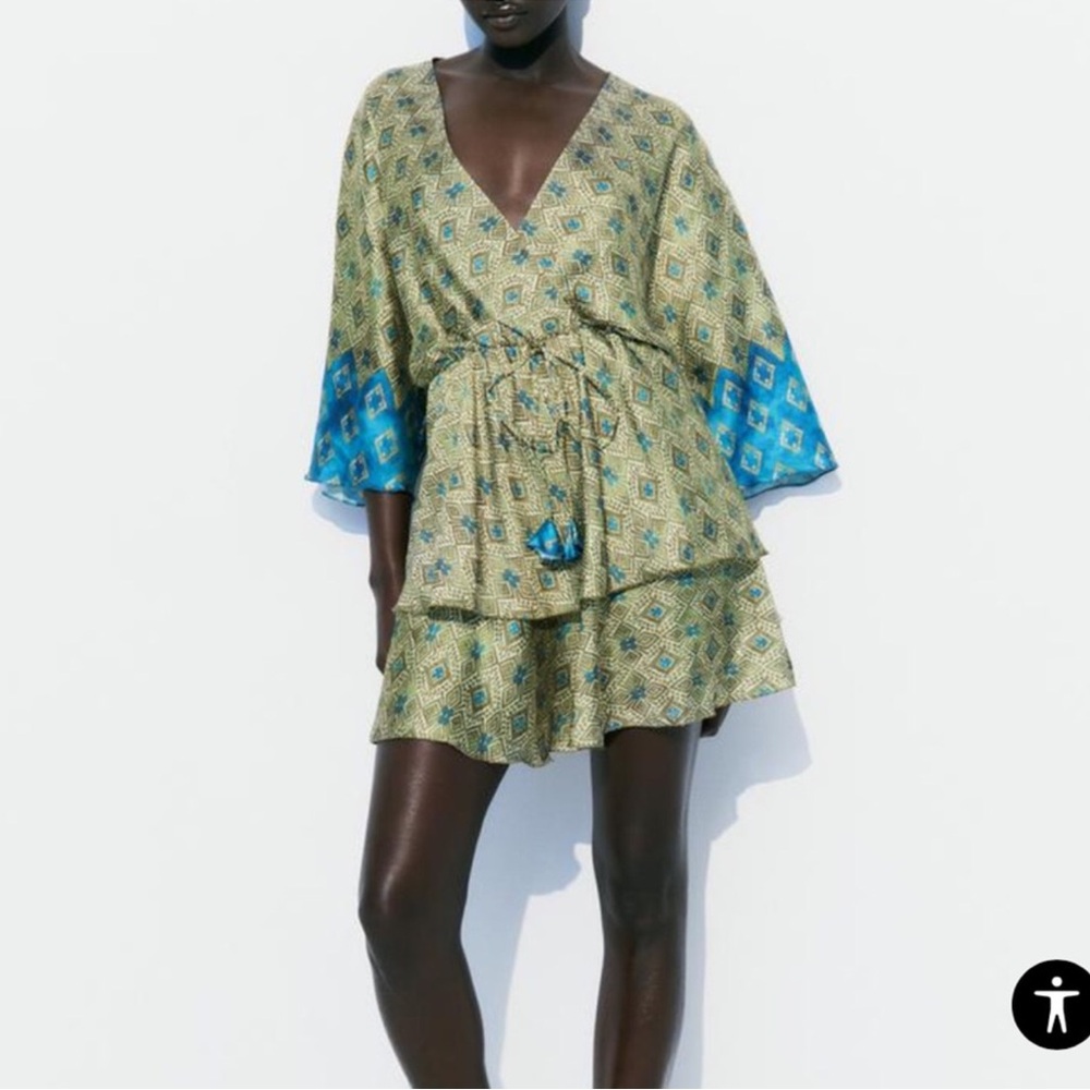 Zara Printed Satin Effect Dress With Bell Sleeves
